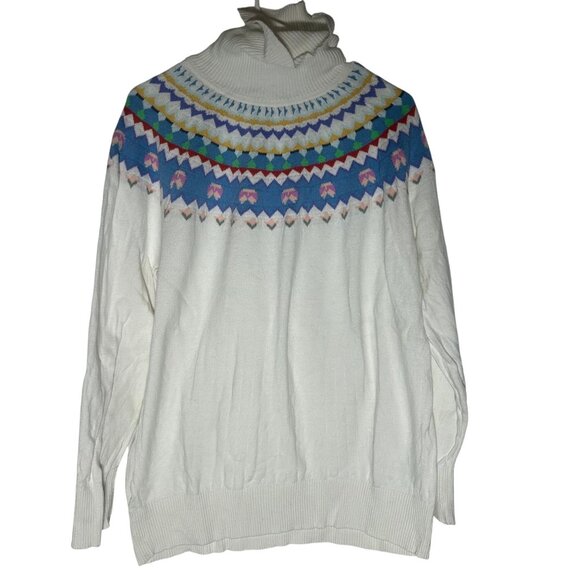 L.L. Bean Cotton Cashmere Fair Isle Turtleneck Sweater Women's Size XL White - Picture 1 of 5